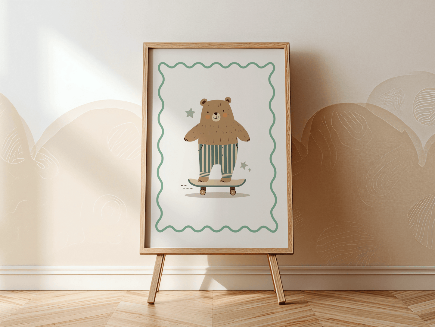 Speelse Beer Skateboard Leuke Muurkunst Kinderkamer Decoratie of Canvas wanddecoratie
