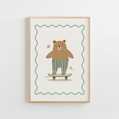 Speelse Beer Skateboard Leuke Muurkunst Kinderkamer Decoratie of Canvas wanddecoratie