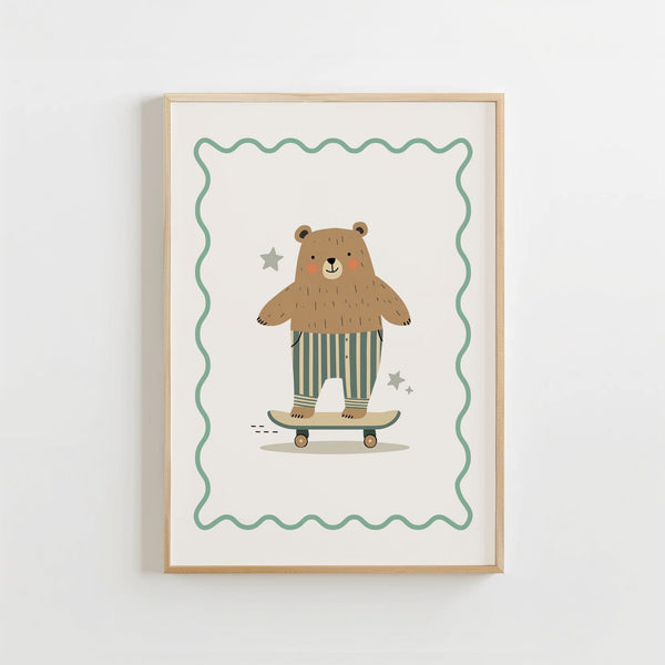 Speelse Beer Skateboard Leuke Muurkunst Kinderkamer Decoratie of Canvas wanddecoratie