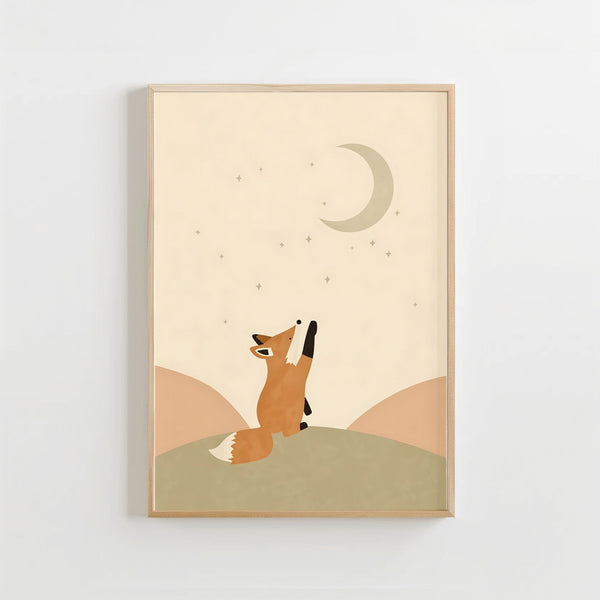 Vos Maan Poster Kinderkamer | Dromerige Bosdieren Poster of Canvas wanddecoratie