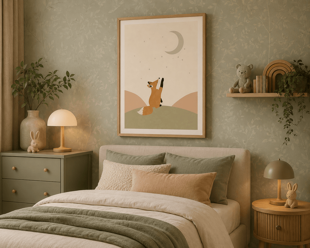 Vos Maan Poster Kinderkamer | Dromerige Bosdieren Poster of Canvas wanddecoratie