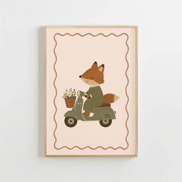 Vos op Scooter Poster Kinderkamer | Vrolijke Bosdieren Poster of Canvas wanddecoratie