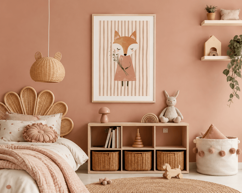 Vos Poster Kinderkamer | Roze Bosdieren Illustratie of Canvas wanddecoratie